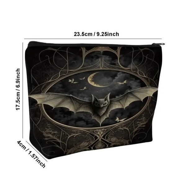 Halloween Spooky Retro Gothic Bat and Moon Makeup Bag - Double-Sided Printed - Picture 2 of 2